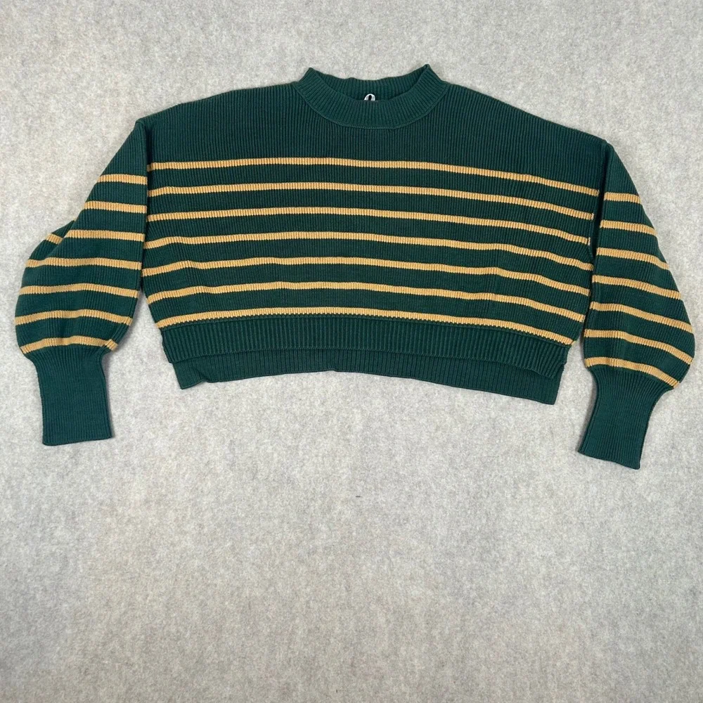 Free People Sweater Women Large Green Striped Cropped Mock Neck Balloon‎ Sleeve